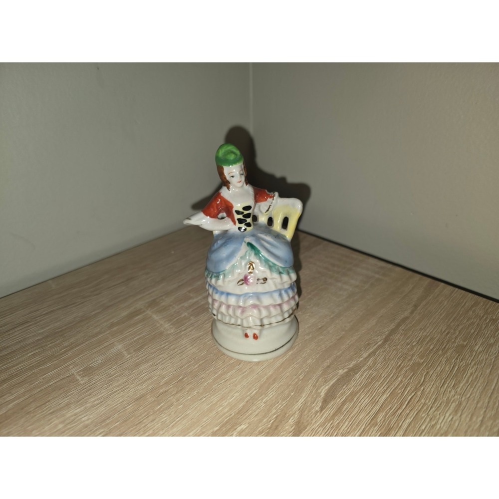 Vintage Occupied Japan Porcelain Colonial Lady Figurine Hand Painted Red Blue